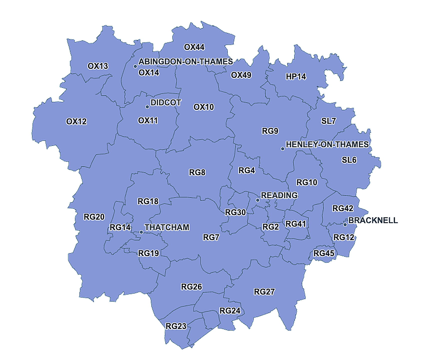 Map showing Premier Heating Solutions coverage area across Berkshire, South Oxfordshire and North Hampshire