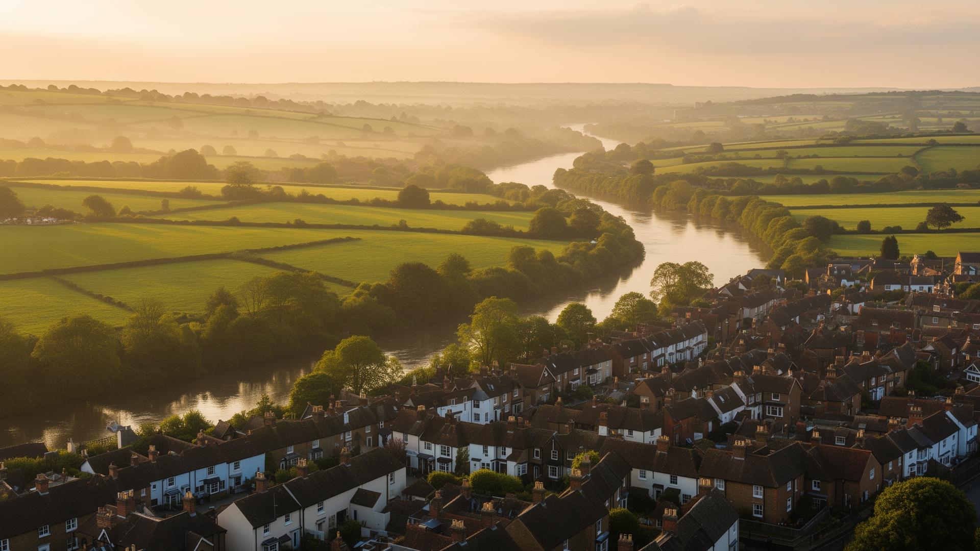 Aerial view of the Thames Valley at golden hour